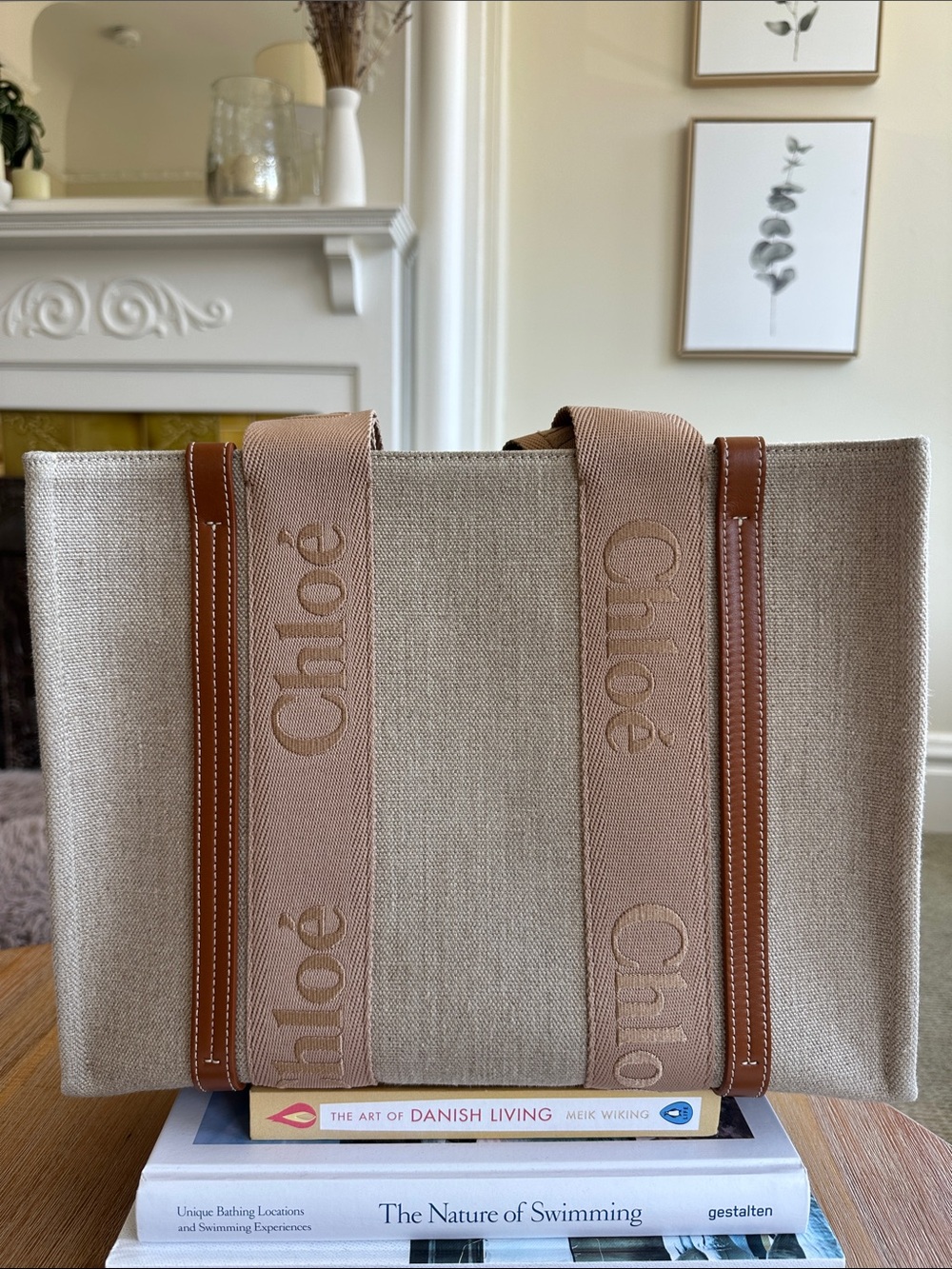 Chloe Woody Medium - Canvas and Tan Leather Trim Tote Bag